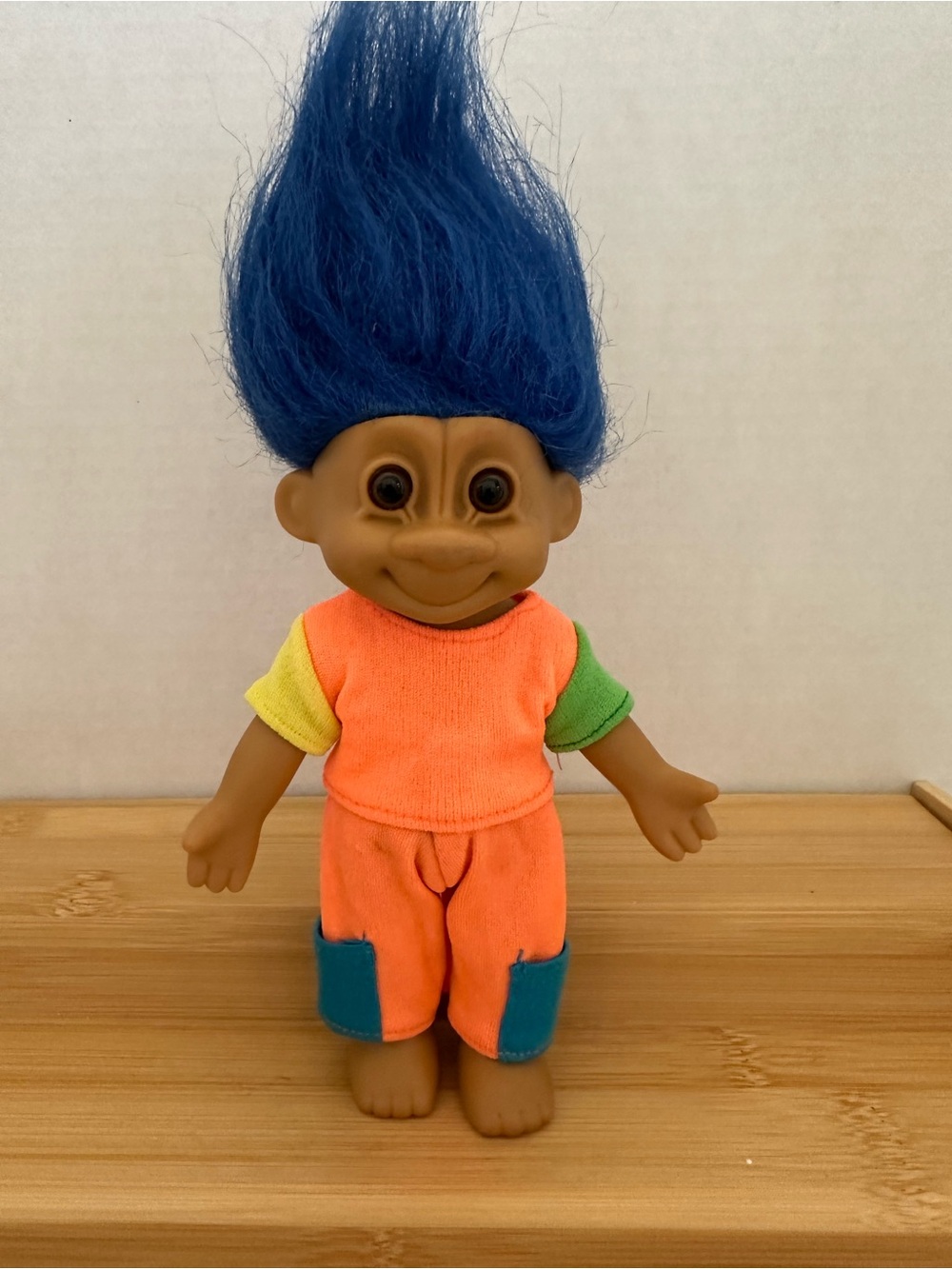 Vintage Russ Troll Doll with Blue Hair and Neon Orange Outfit 6.5” Tall #11